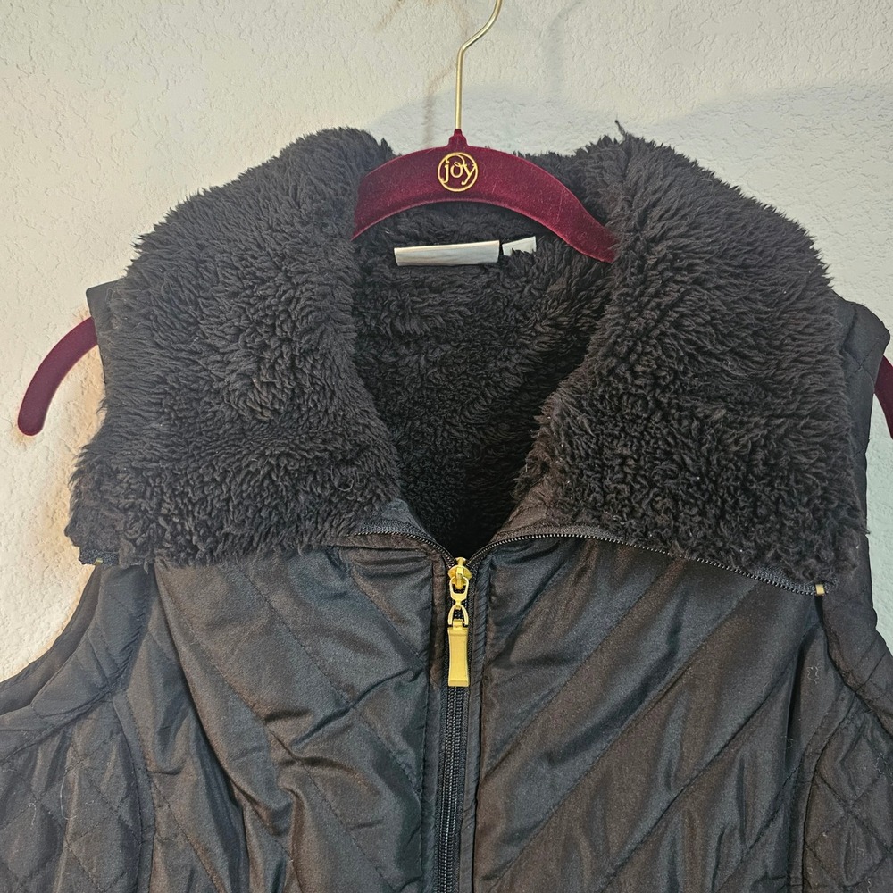 Denim & Co zip up puffer vest faux fur lined medium black‎
